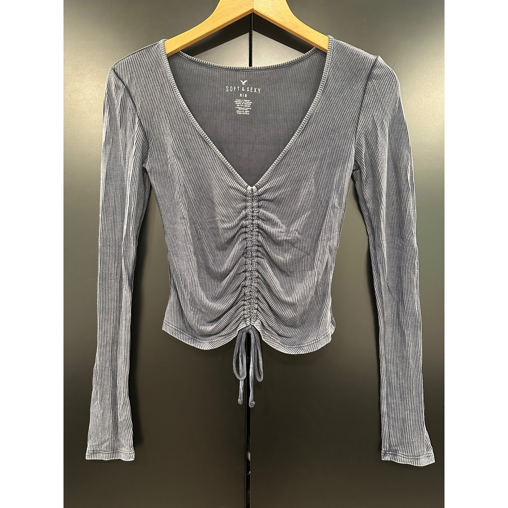 American Eagle Soft & Sexy Rib Cinched Front Long Sleeve Top Blue XS
